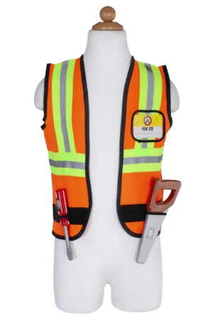 A child mannequin models the Great Pretenders Construction Worker Set: an orange safety vest with reflective stripes labeled "FIX IT!" and pockets holding toy wrench and saw—a fun construction costume for kids, complete with tool set.