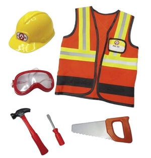 The Great Pretenders Construction Worker Set includes a yellow hard hat, orange vest, red goggles, hammer, screwdriver, and saw—ideal for kids’ dress-up and displayed neatly on a white background.