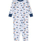 The Kissy Kissy Construction Crew Printed Pajama Set, made from soft Pima cotton, displays vibrant bulldozer and crane prints with blue cuffs on a white background.