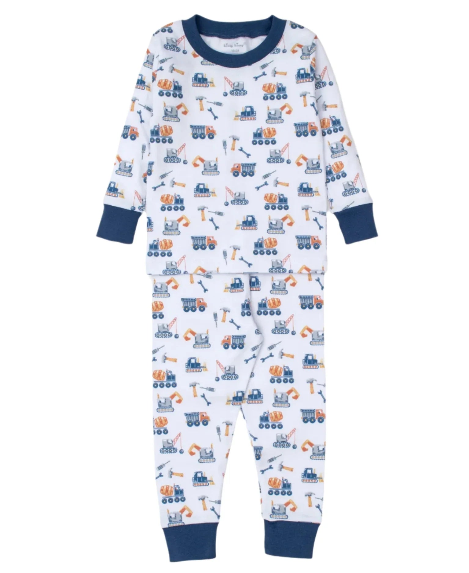 The Kissy Kissy Construction Crew Printed Pajama Set, made from soft Pima cotton, displays vibrant bulldozer and crane prints with blue cuffs on a white background.