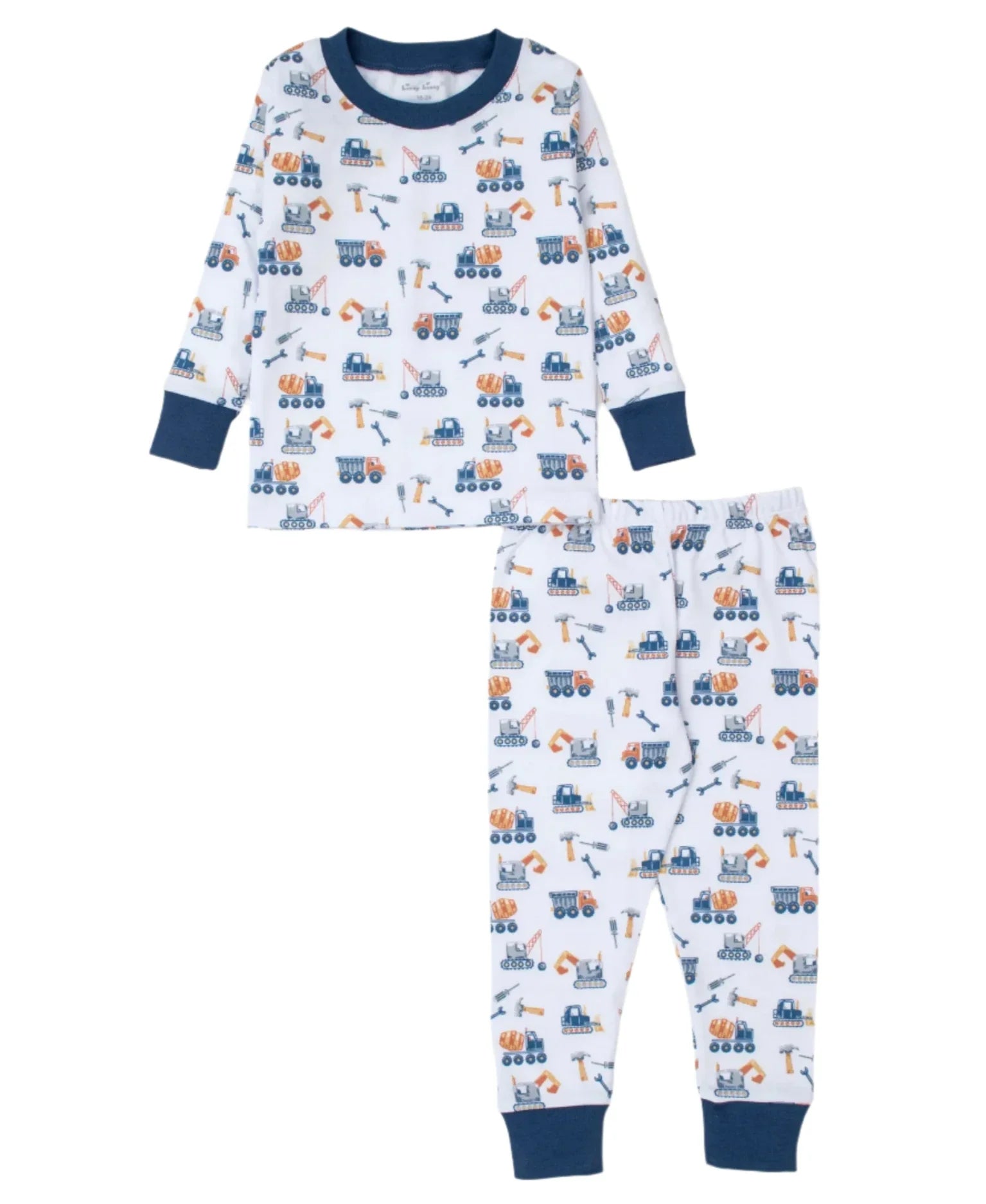 The Kissy Kissy Construction Crew Printed Pajama Set by Kissy Kissy is made from Pima cotton and showcases a fun construction crew design, accented with blue cuffs and collar.