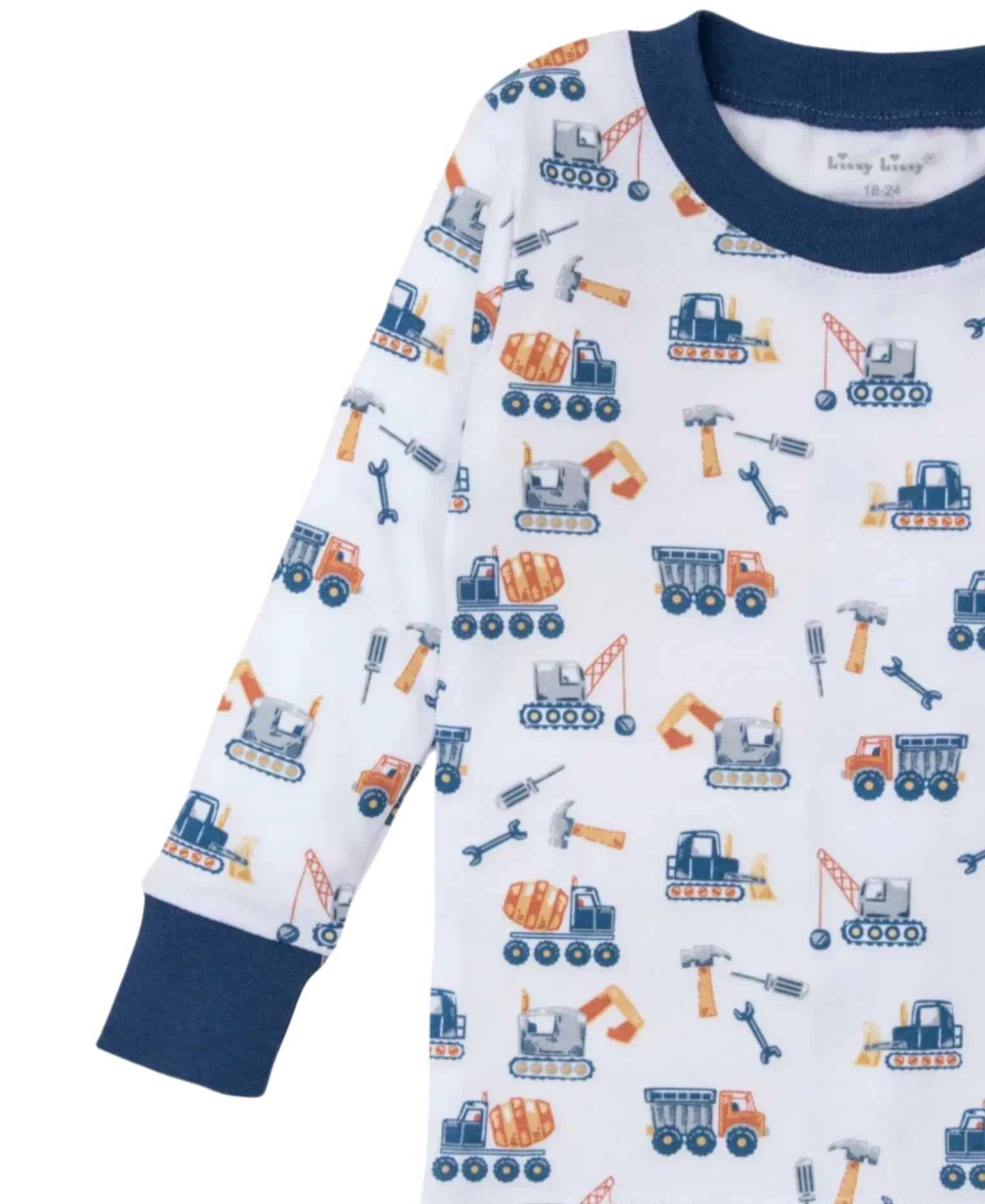 The Kissy Kissy Construction Crew Printed Pajama Set by Kissy Kissy showcases a fun design with cranes, dump trucks, and excavators. Crafted from soft Pima cotton, this children's long-sleeve set features a blue collar and cuffs for added comfort.