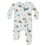 The Angel Dear Construction Alphabet 2-Way Zip Footie is a white baby onesie from Angel Dear, made with bamboo fiber fabric and adorned with a delightful construction vehicle pattern that includes bulldozers, cranes, and cones in shades of green, orange, and blue.