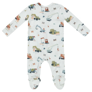 The Angel Dear Construction Alphabet 2-Way Zip Footie, in white, is made from soft bamboo fiber fabric and showcases a delightful construction vehicle pattern with images of excavators and dump trucks.