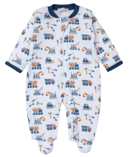 The Kissy Kissy Construction Crew Zip Footie, made from soft Pima cotton, boasts long sleeves and a fun design featuring construction vehicles, cranes, and tools in vivid blue, orange, and yellow.