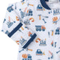 The Kissy Kissy Construction Crew Zip Footie by Kissy Kissy is a white baby onesie with blue trim, crafted from soft Pima cotton and adorned with a pattern of construction vehicles and tools.