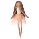 A fabric doll named the MON AMI Cookie Scented Doll by Mon Ami, featuring an embroidered face, long braided hair, a gold sequined top, and a pink tulle skirt.