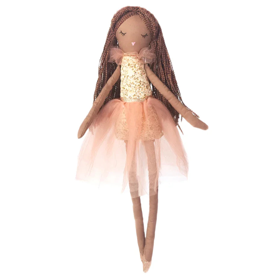 A fabric doll named the MON AMI Cookie Scented Doll by Mon Ami, featuring an embroidered face, long braided hair, a gold sequined top, and a pink tulle skirt.