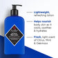 A blue bottle of Jack Black Cool Moisture Body Lotion, featuring text that highlights its lightweight feel and nourishing effects, as well as its fresh scent of citrus, mint, and oakmoss. This lotion hydrates the skin while delivering cooling and soothing benefits for long-lasting comfort.
