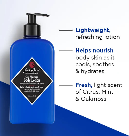 A blue bottle of Jack Black Cool Moisture Body Lotion, featuring text that highlights its lightweight feel and nourishing effects, as well as its fresh scent of citrus, mint, and oakmoss. This lotion hydrates the skin while delivering cooling and soothing benefits for long-lasting comfort.