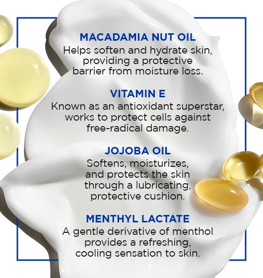 Lightweight white cream and yellow oil drops alongside text highlighting the benefits of macadamia nut oil, vitamin E, jojoba oil, and menthyl lactate—Jack Black Cool Moisture Body Lotion hydrates skin, protects against dryness, and delivers a refreshing cooling sensation for lasting comfort.
