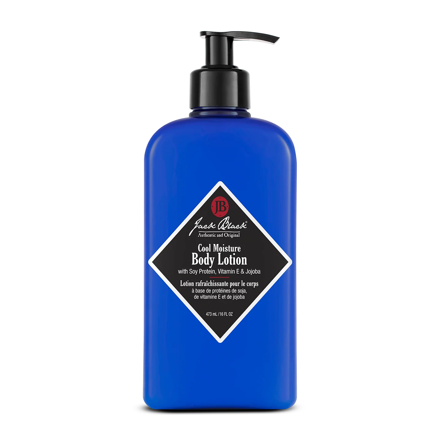 A 16 oz blue pump bottle of Jack Black Cool Moisture Body Lotion is displayed against a plain white background. This lightweight lotion hydrates, cools, and soothes the skin, providing refreshing everyday moisture.