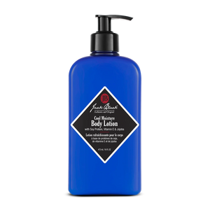 A 16 oz blue pump bottle of Jack Black Cool Moisture Body Lotion is displayed against a plain white background. This lightweight lotion hydrates, cools, and soothes the skin, providing refreshing everyday moisture.