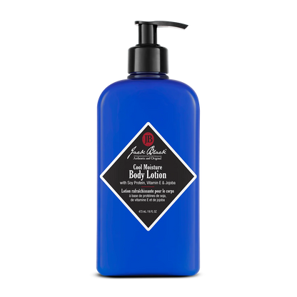 A 16 oz blue pump bottle of Jack Black Cool Moisture Body Lotion is displayed against a plain white background. This lightweight lotion hydrates, cools, and soothes the skin, providing refreshing everyday moisture.