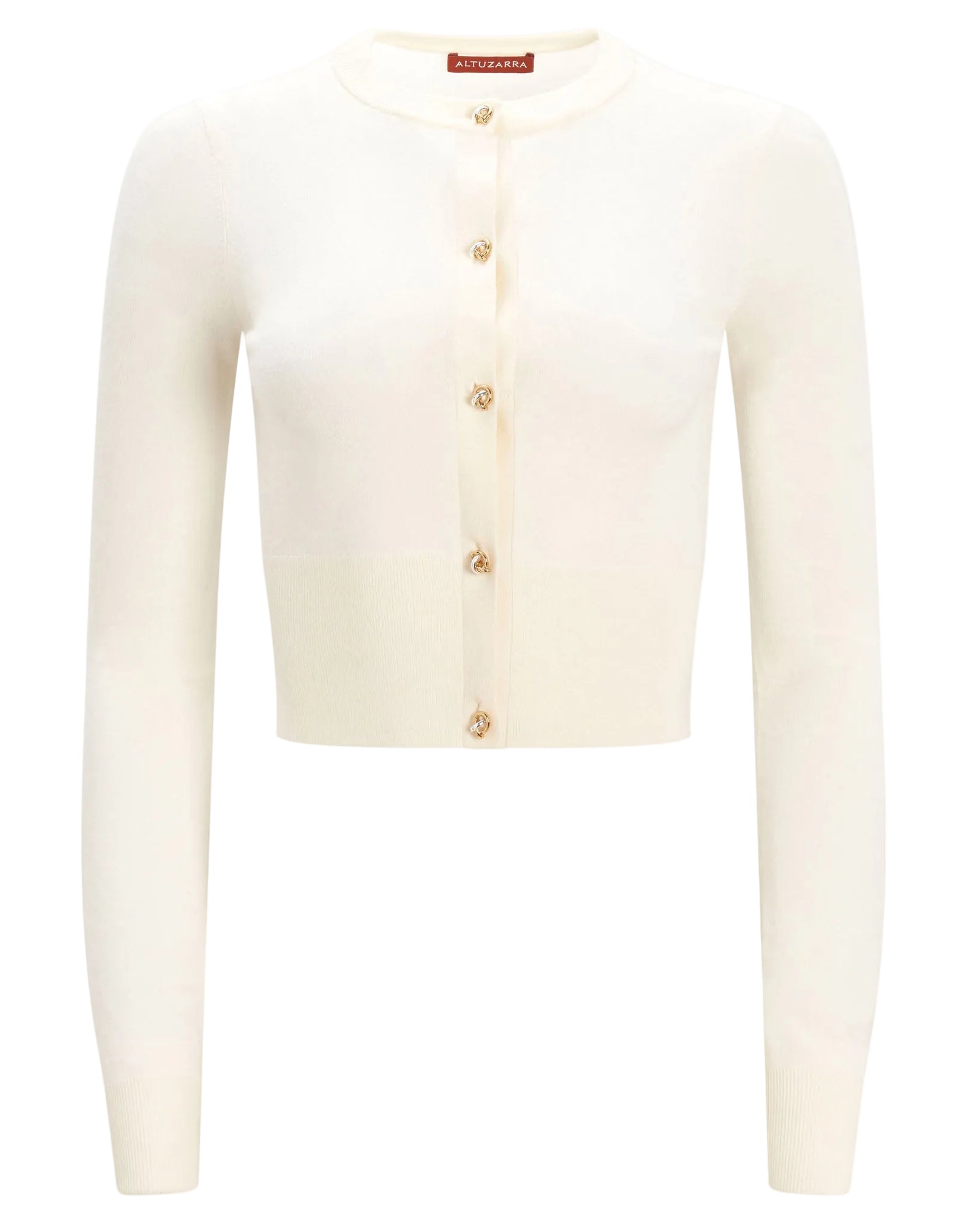 The Arlette Sweater by Altuzarra is a long-sleeve, white ribbed knit cardigan with two-tone metal buttons and a round neckline, shown on a plain background.