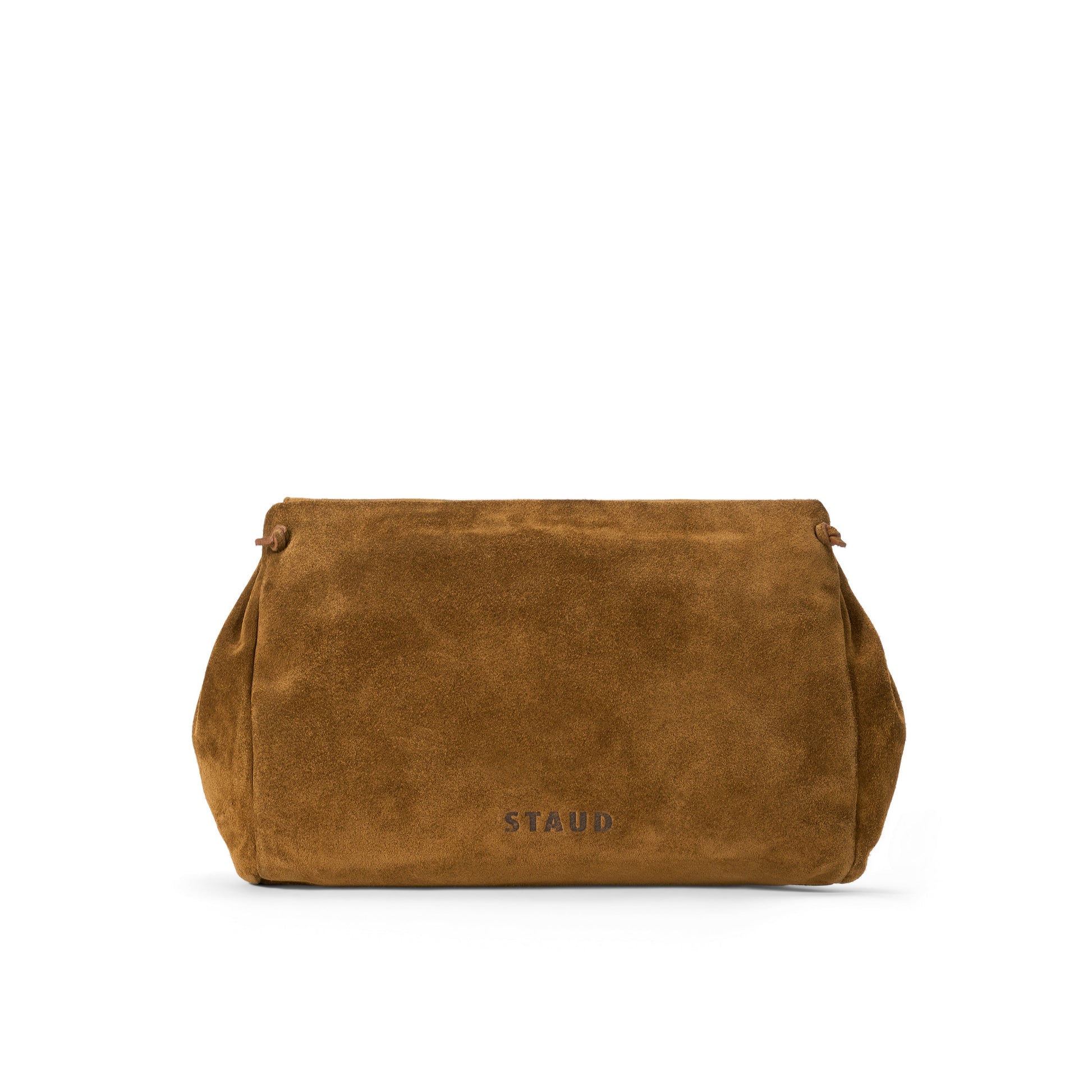 The Cy Convertible Bag by Staud is a brown suede clutch with “STAUD” subtly embossed on the front, photographed against a plain white background. This chic accessory effortlessly transforms from a clutch to a convertible bag, offering versatile style for any occasion.