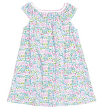 The Joy Street Girls' Emilia Dress, Palm Beach by Joy Street is a sleeveless girl's dress featuring a ruffled neckline and a vibrant, patterned print in pink, blue, and green. Made from luxurious Pima Cotton, this lovely piece captures the spirited charm of Palm Beach Florida.