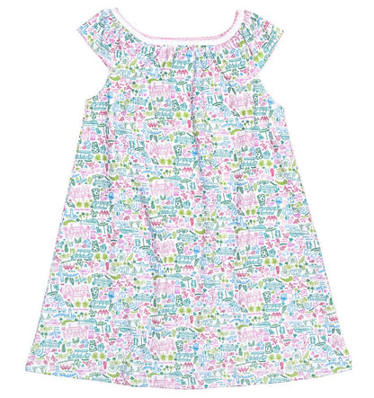 The Joy Street Girls' Emilia Dress, Palm Beach by Joy Street is a sleeveless girl's dress featuring a ruffled neckline and a vibrant, patterned print in pink, blue, and green. Made from luxurious Pima Cotton, this lovely piece captures the spirited charm of Palm Beach Florida.