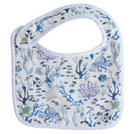 The Perfect Bib by Timo & Violet: a white cotton terry bib with blue and green sea life pattern—octopuses, fish, coral, and seaweed—perfect for little explorers.