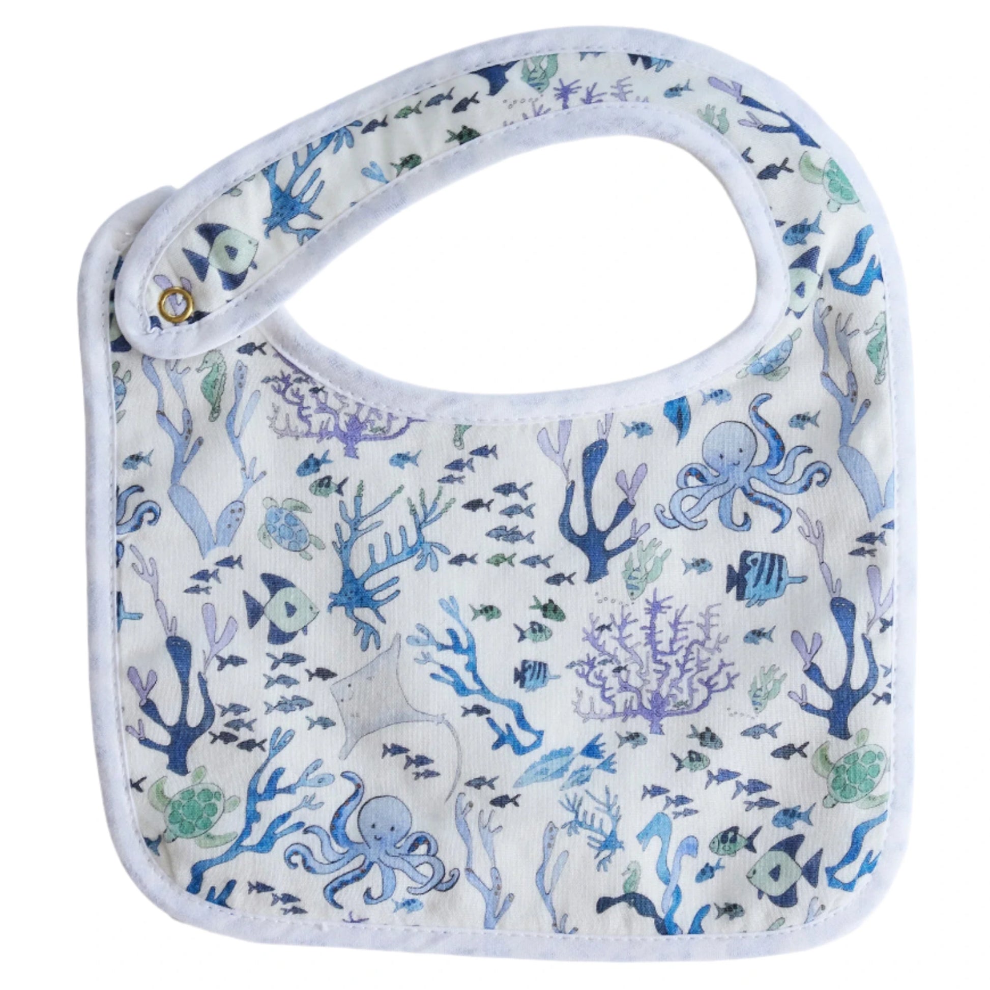 The Perfect Bib by Timo & Violet: a white cotton terry bib with blue and green sea life pattern—octopuses, fish, coral, and seaweed—perfect for little explorers.