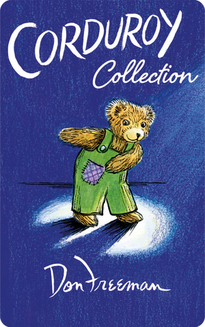 The Yoto Card: Corduroy Collection by Don Freeman features Corduroy, the cherished teddy bear in green overalls, against a blue backdrop—an ideal emblem of childhood friendship and adventure.