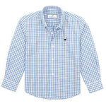 The Properly Tied Seasonal Sportshirt by Properly Tied is a light blue and white checkered button-up, made from a soft cotton blend. It features long sleeves, a small black logo on the chest, and a convenient pocket.