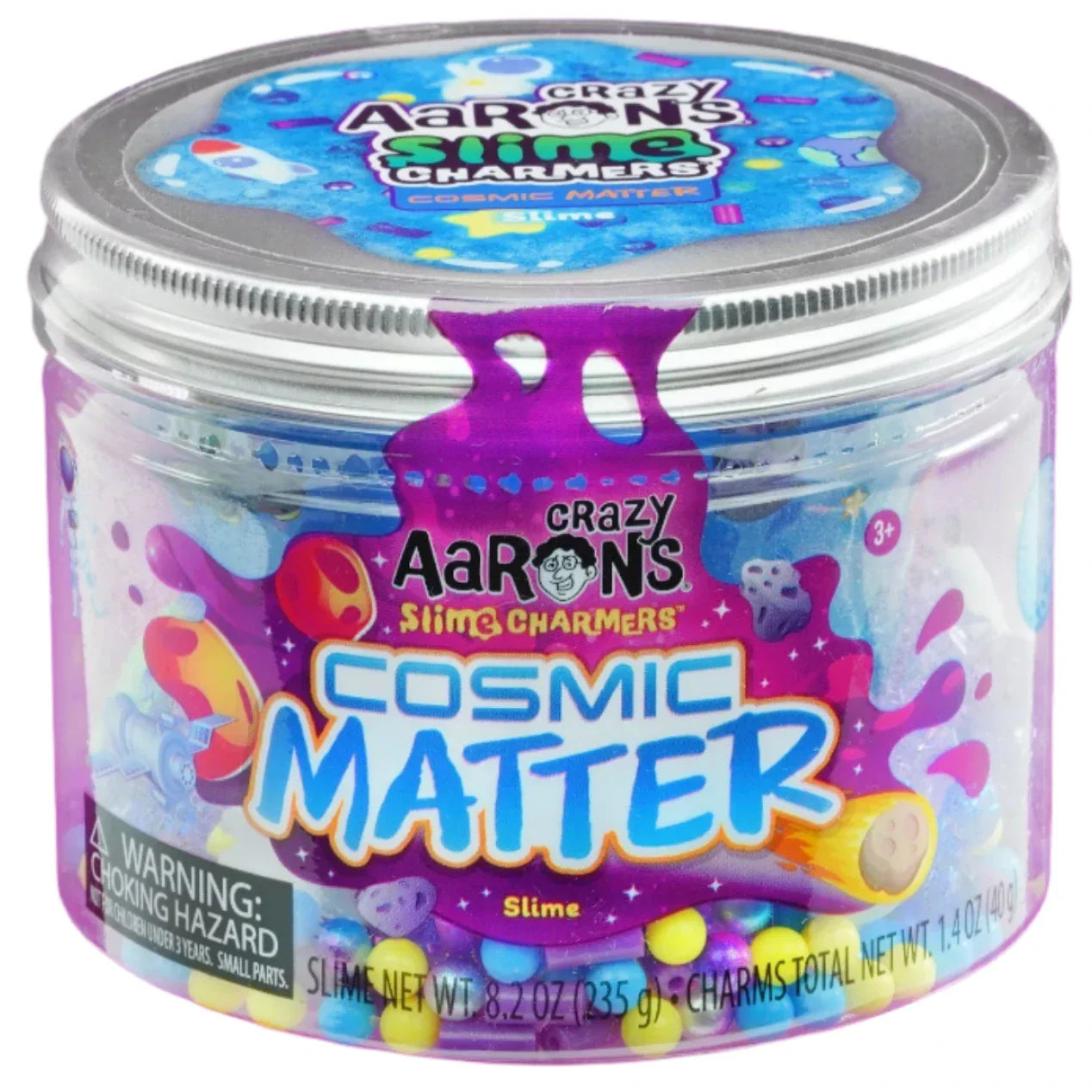 A circular container of Crazy Aaron's Slime Charmers, adorned with vibrant graphics and described as textured mixers, containing a variety of colorful beads.