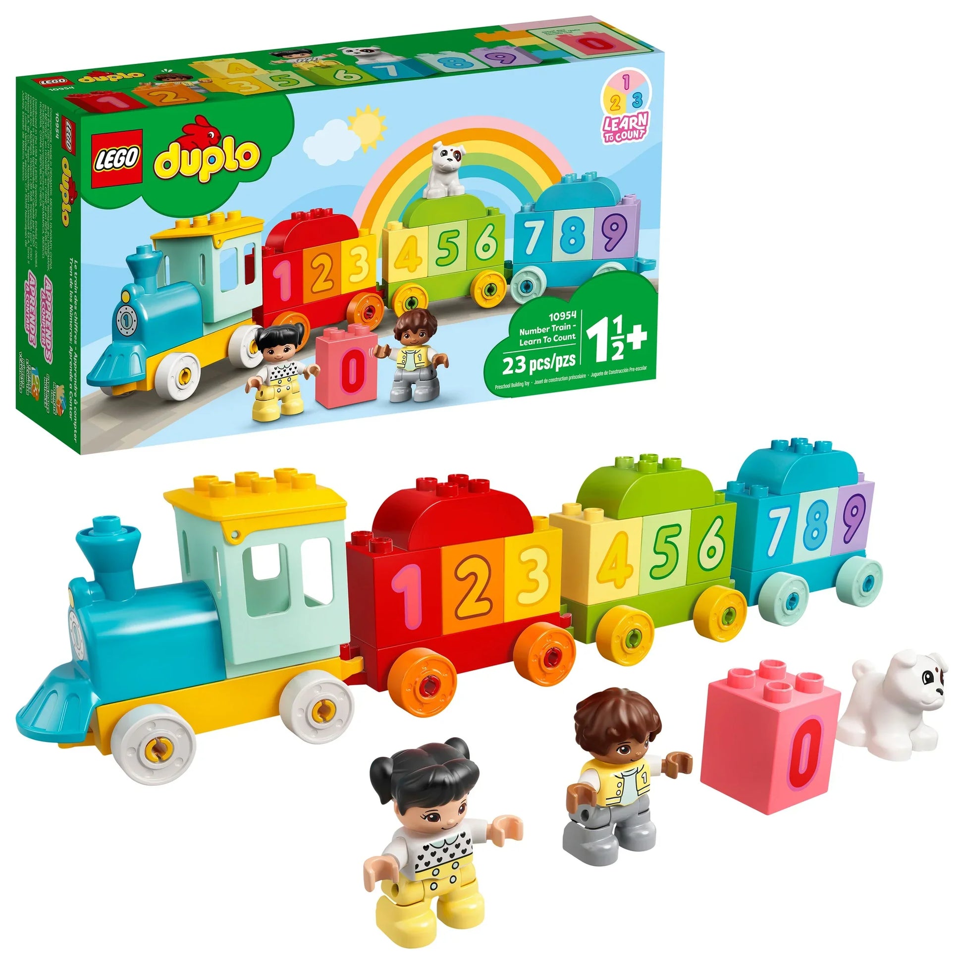 The LEGO® DUPLO® Number Train - Learn To Count is a colorful train with blocks 0–9, two child figures, a white dog, and packaging showing this fun toddler educational toy with a cheerful rainbow illustration.