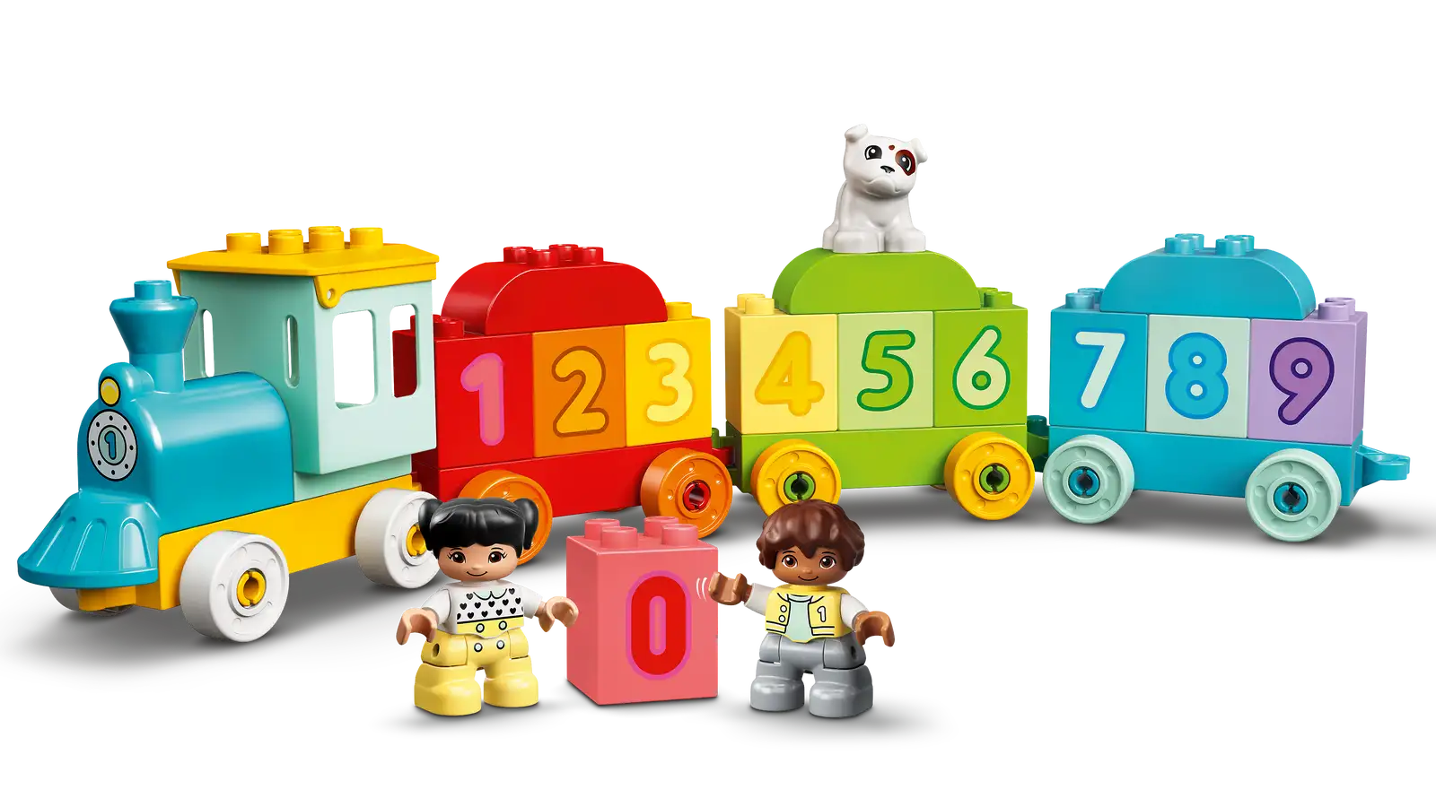 The LEGO® DUPLO® Number Train - Learn To Count by LEGO® features blocks numbered 0-9, two child figures, and a white cat on a green block—an ideal educational toy for toddlers to learn numbers while playing.