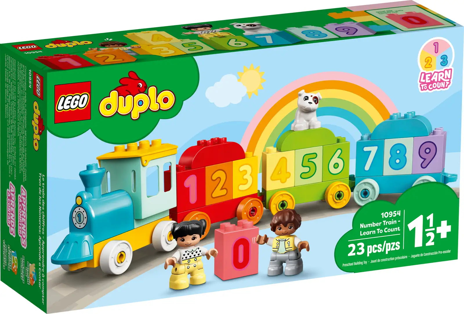The LEGO® DUPLO® Number Train - Learn To Count by LEGO® features a colorful train with numbered blocks, two child figures, a dog, and a rainbow—perfect for toddlers to learn counting through fun play.