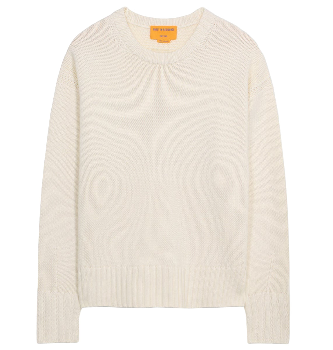 The Cozy Crew Cashmere Sweater by Guest in Residence features long sleeves, an off-white knit design, a cozy crew neckline, and ribbed neck trim, displayed on a white background.