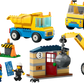 The LEGO® City Construction Trucks and Wrecking Ball Crane set by Legos - Toyhouse features a construction-themed collection including a dump truck, an excavator, and a crane equipped with a wrecking ball. The set also includes a small building, road barriers, and four minifigures complete with various accessories such as tools and a clipboard. It's perfect for fans of construction trucks!