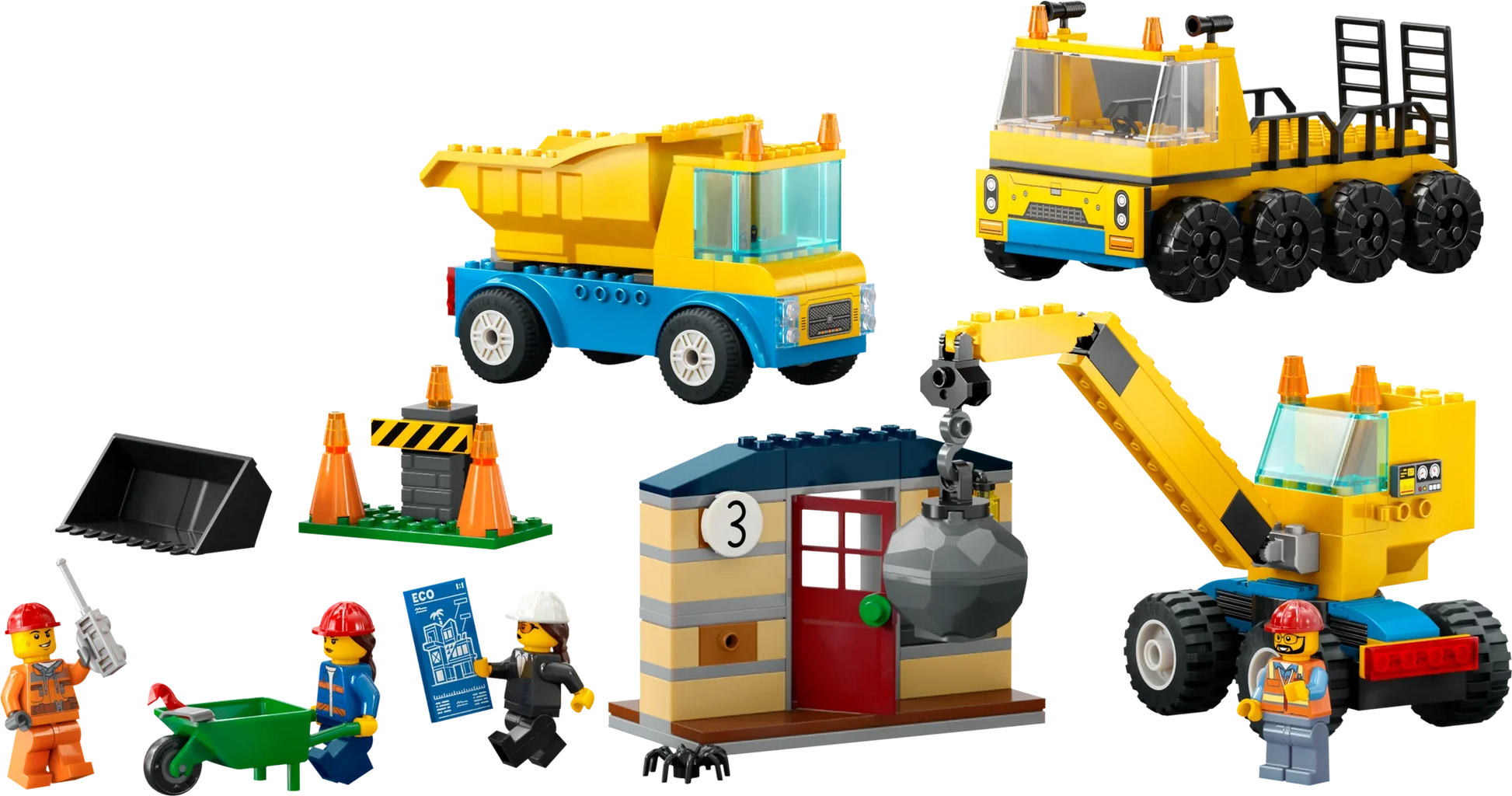 The LEGO® City Construction Trucks and Wrecking Ball Crane set by Legos - Toyhouse features a construction-themed collection including a dump truck, an excavator, and a crane equipped with a wrecking ball. The set also includes a small building, road barriers, and four minifigures complete with various accessories such as tools and a clipboard. It's perfect for fans of construction trucks!