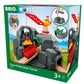 The packaging of the Brio's BRIO World Crane & Mountain Tunnel toy set highlights its engaging function and design with colorful illustrations. This multi-level railway tunnel is ideal for children aged 3 and up, providing limitless fun and creative play.