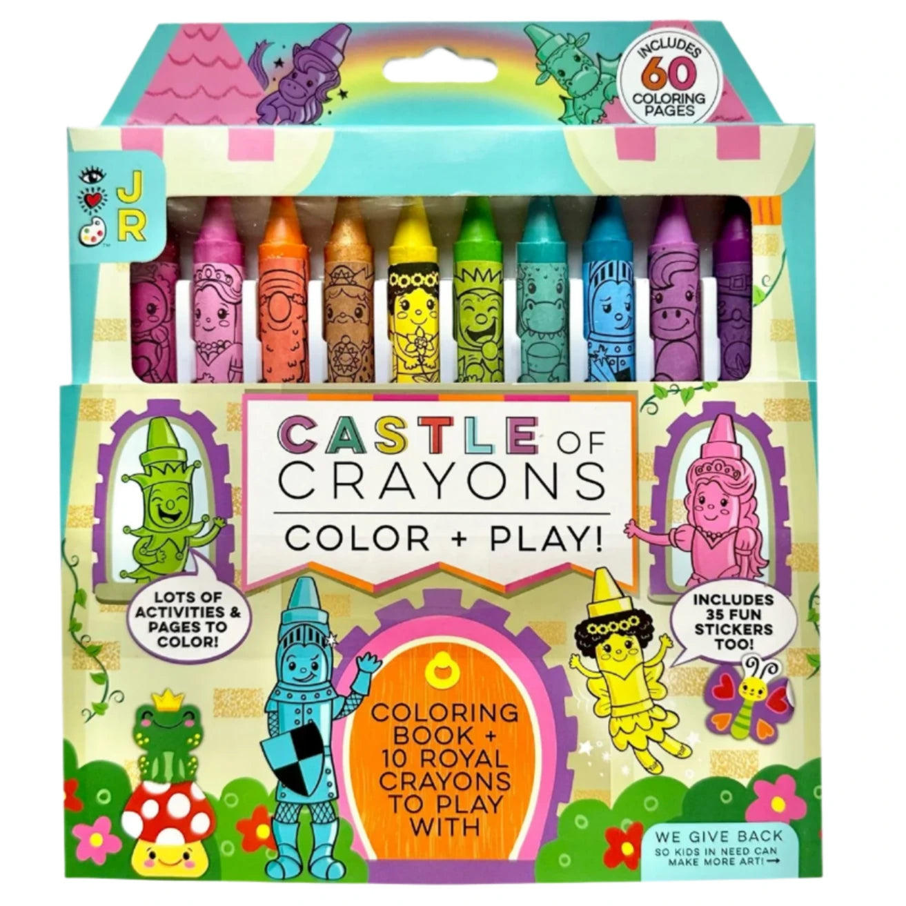 Introducing the Bright Stripes Castles of Crayons coloring book set, featuring chunky crayons and stickers. Explore 60 delightful pages of activities and cartoon characters, fostering creativity with ease.