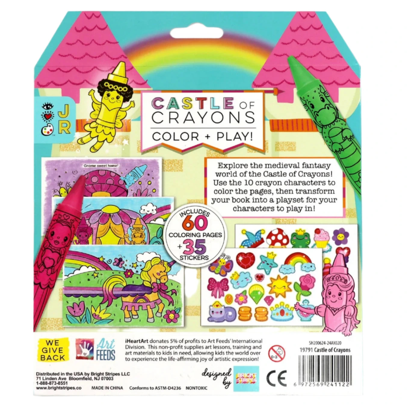 Box of "Bright Stripes Castles of Crayons," a delightful set with a fantasy-themed coloring book, vibrant stickers, chunky crayons, and a colorful castle design.