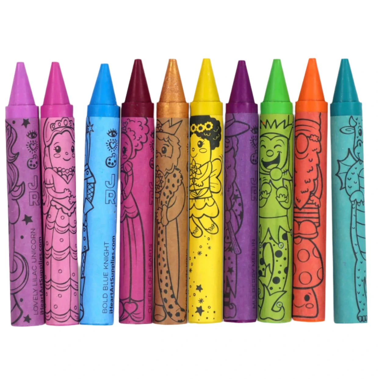 Bright Stripes Castles of Crayons features ten chunky crayons with cartoon character designs on the wrappers, arranged upright to inspire creativity and bring any coloring book to life.