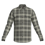 The Faherty Legend Sweater Shirt is a long-sleeve, button-up shirt in grey, black, and white with two front chest pockets.