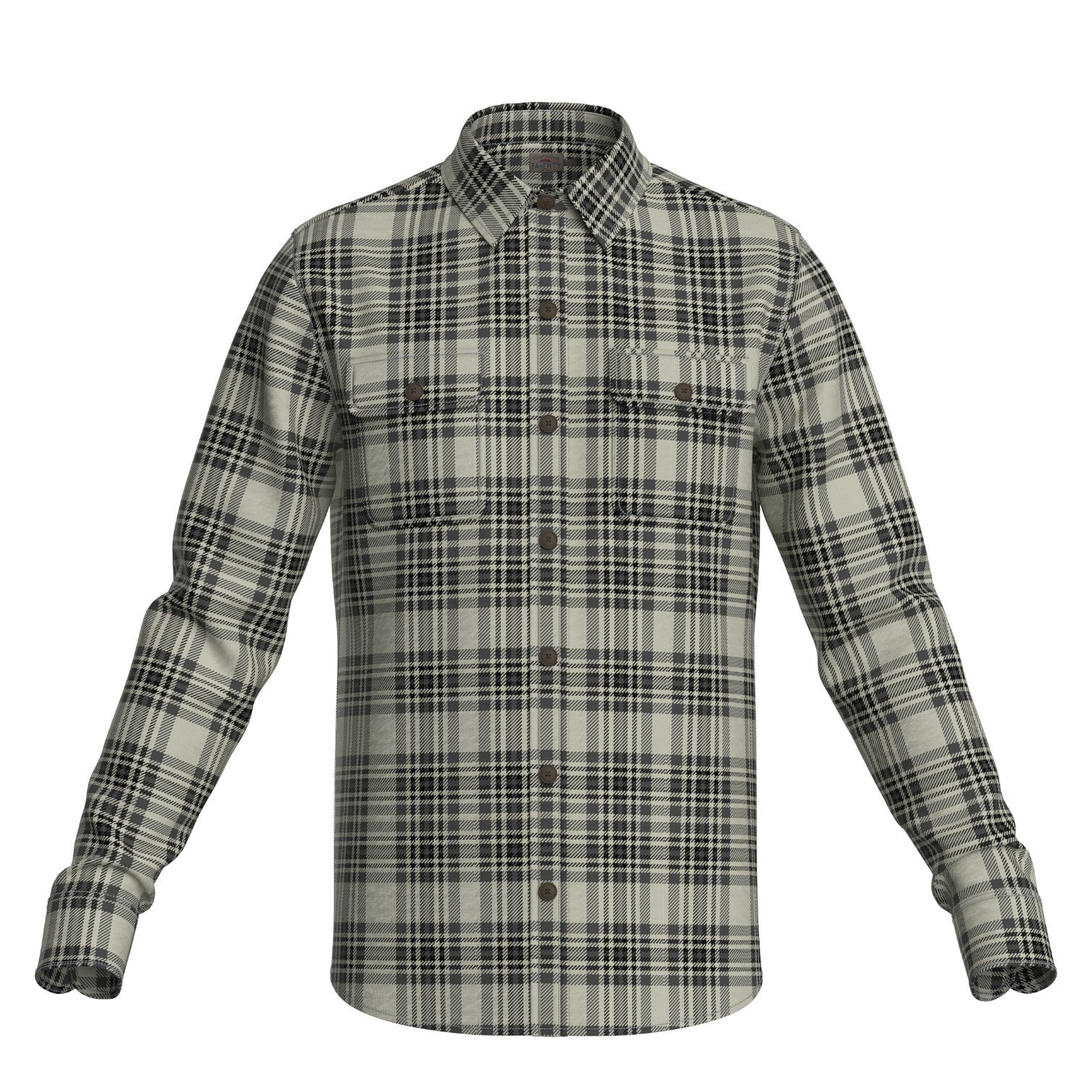 The Faherty Legend Sweater Shirt is a long-sleeve, button-up shirt in grey, black, and white with two front chest pockets.