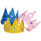 Three foam crowns—blue, yellow, and pink—from the Super Smalls Everyday Royalty DIY Crown & Tiara Kit are decorated with stickers and gems and arranged overlapping each other.