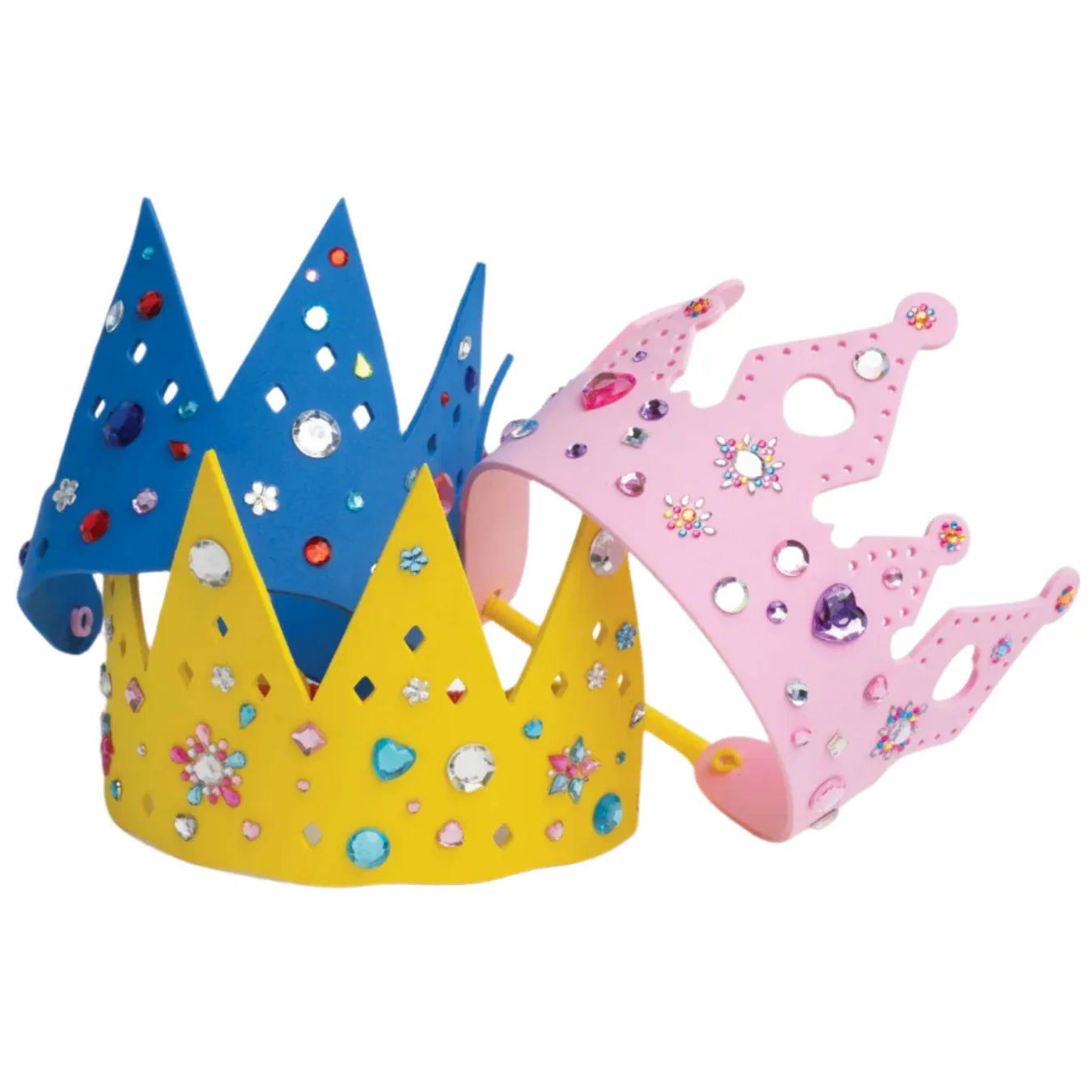 Three foam crowns—blue, yellow, and pink—from the Super Smalls Everyday Royalty DIY Crown & Tiara Kit are decorated with stickers and gems and arranged overlapping each other.