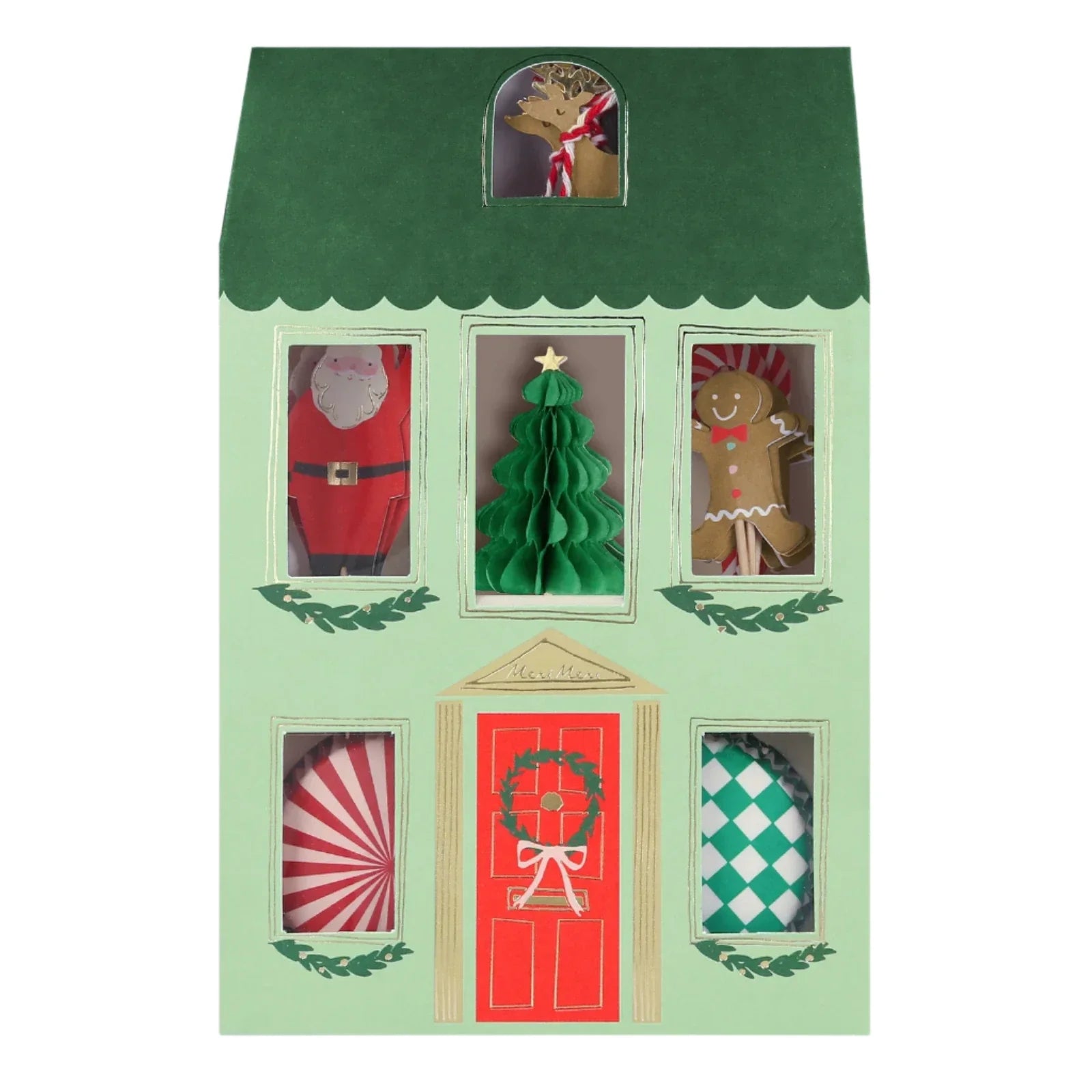 Introducing the Meri Meri Festive House Cupcake Kit by Meri Meri: a delightful advent calendar designed as a decorative house with a green roof and red door. It features cutouts that display charming festive designs, including a reindeer, Santa, a tree, and gingerbread figures. This kit is an ideal baking gift for anyone who loves crafting Christmas cupcakes or festive treats during the holiday season.