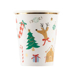 The Meri Meri Jolly Christmas Cups by Meri Meri are festive white paper cups featuring Christmas-themed illustrations, such as a reindeer, Christmas tree, candy cane, and gift box, all highlighted with gold trim at the top edge—ideal for any holiday party.