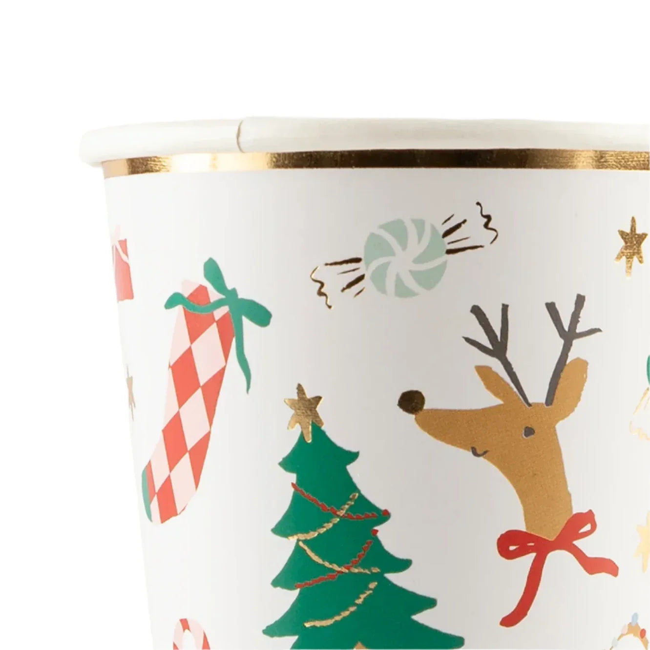 The Meri Meri Jolly Christmas Cups are festive party cups featuring delightful illustrations of a reindeer, Christmas tree, stocking, and peppermint candy.