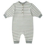 The Quincy Mae Baby Boys' Relaxed Jumpsuit features gray and white stripes, four chest buttons, gray cuffs, and easy-change snaps—perfect for cozy fall and winter outfits.