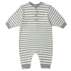 The Quincy Mae Baby Boys' Relaxed Jumpsuit features gray and white stripes, four chest buttons, gray cuffs, and easy-change snaps—perfect for cozy fall and winter outfits.