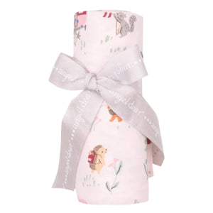 This soft and versatile Angel Dear Cute Animal Campers Swaddle Blanket showcases an adorable animal print, tied with a gray ribbon with "angel dear" on it. Ideal for swaddling or cuddling.