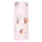 The Angel Dear Cute Animal Campers Swaddle Blanket, by Angel Dear, is a roll of soft fabric with a whimsical print featuring animals such as foxes and hedgehogs carrying baskets. Its versatile design makes it perfect for swaddles or a variety of creative projects.