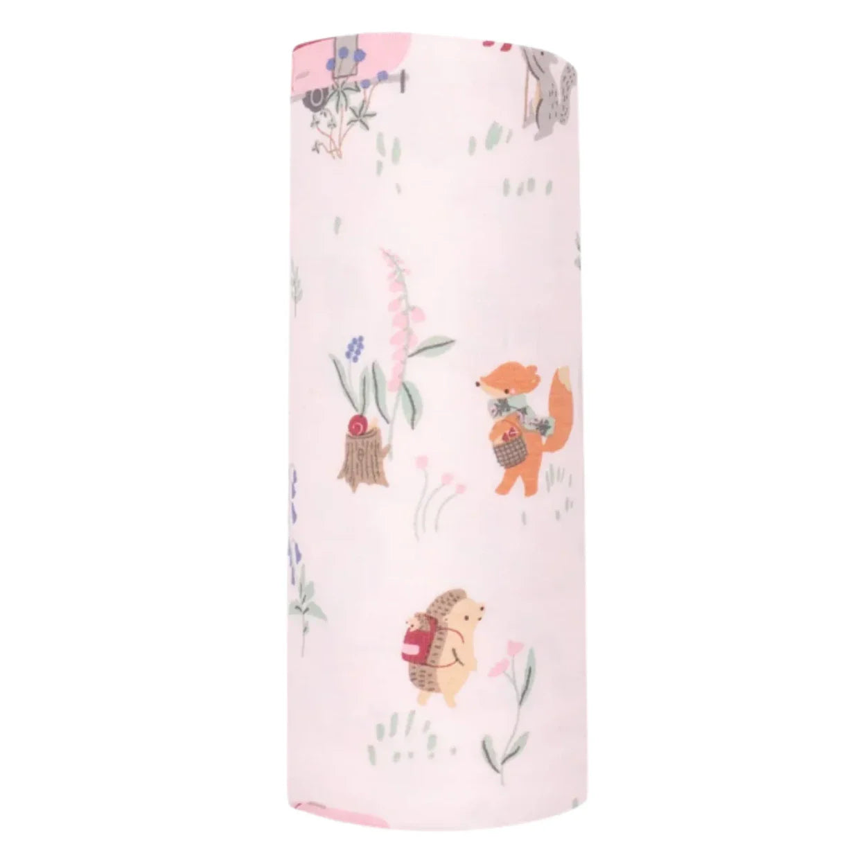 The Angel Dear Cute Animal Campers Swaddle Blanket, by Angel Dear, is a roll of soft fabric with a whimsical print featuring animals such as foxes and hedgehogs carrying baskets. Its versatile design makes it perfect for swaddles or a variety of creative projects.