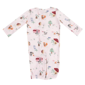 Introducing the Angel Dear Cute Animal Campers Convertible Gown, a long-sleeve infant gown made from soft bamboo fabric. It features an enchanting woodland-themed print with animals, trees, and mushrooms on a light background. This gown is perfect for your little one and is conveniently machine washable.